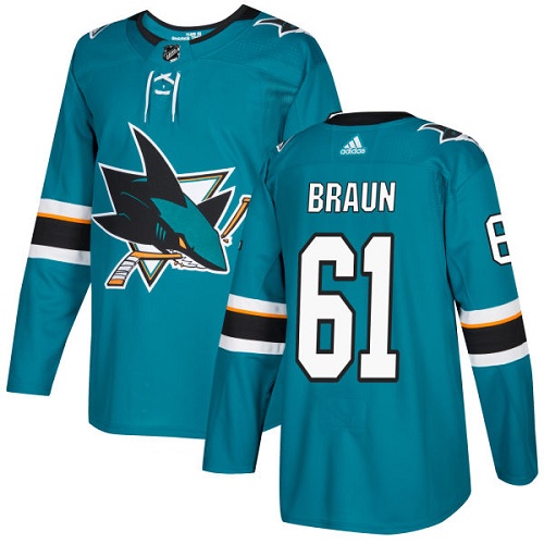 Adidas Men San Jose Sharks 61 Justin Braun Teal Home Authentic Stitched NHL Jersey